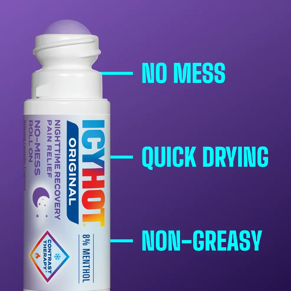Packaging of Icy Hot® Nighttime Recovery No-Mess Roll-On and product benefit statements.