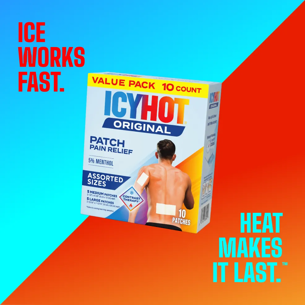 Packaging of Icy Hot® Original Patch Variety Pack and product benefit statements.