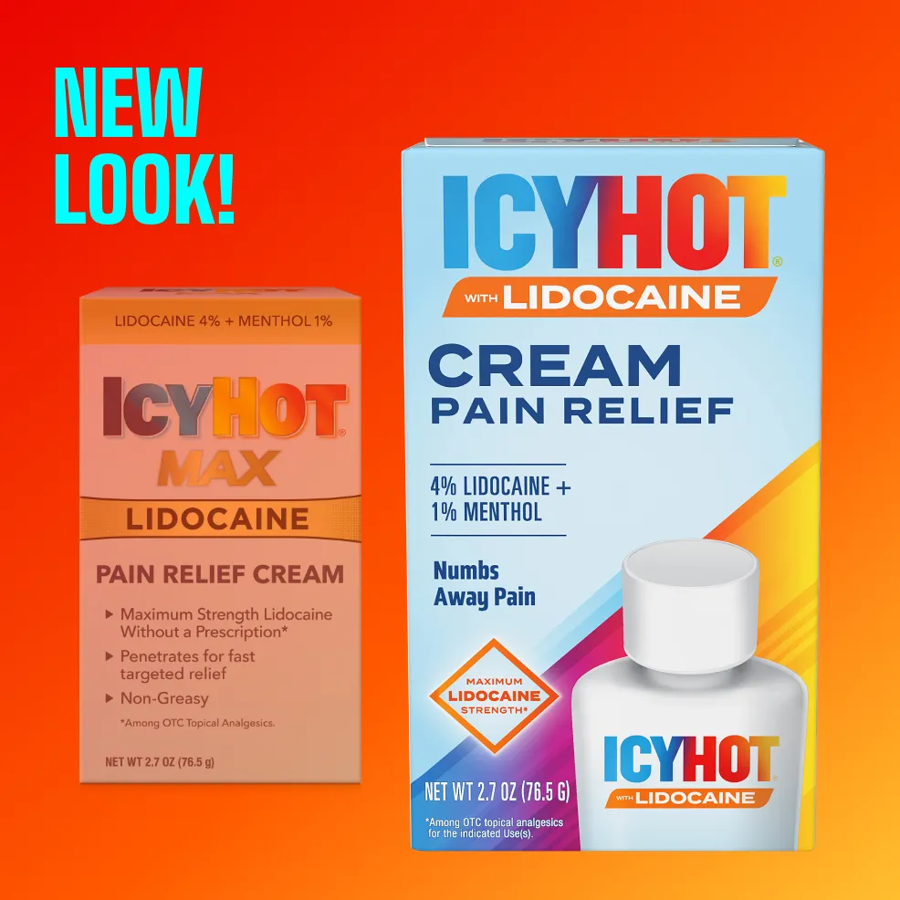 Packaging of Icy Hot® Lidocaine Cream and product benefit statements.