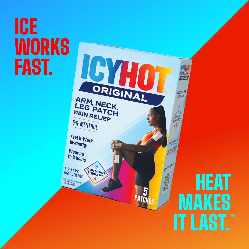 Packaging of Icy Hot® Arm, Neck and Leg Patch and product benefit statements.