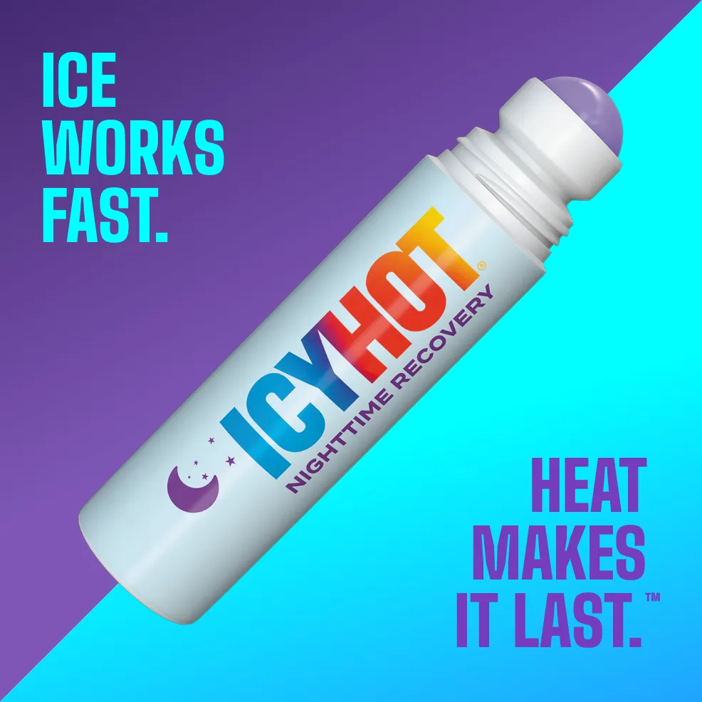 Packaging of Icy Hot® Nighttime Recovery No-Mess Roll-On and product benefit statements.