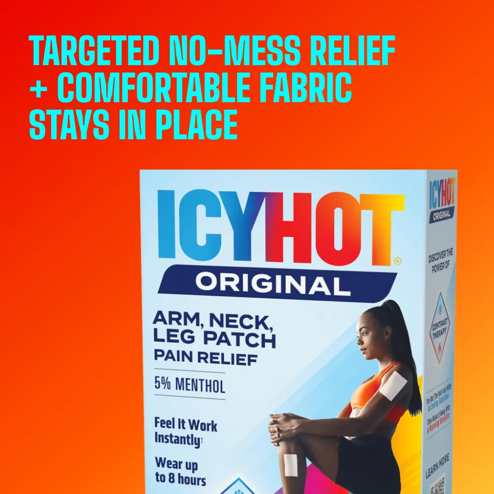 Packaging of Icy Hot® Arm, Neck and Leg Patch and product benefit statements.