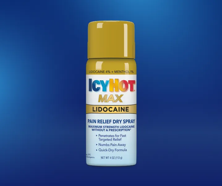 Icy Hot® Lidocaine Dry Spray front of packaging.
