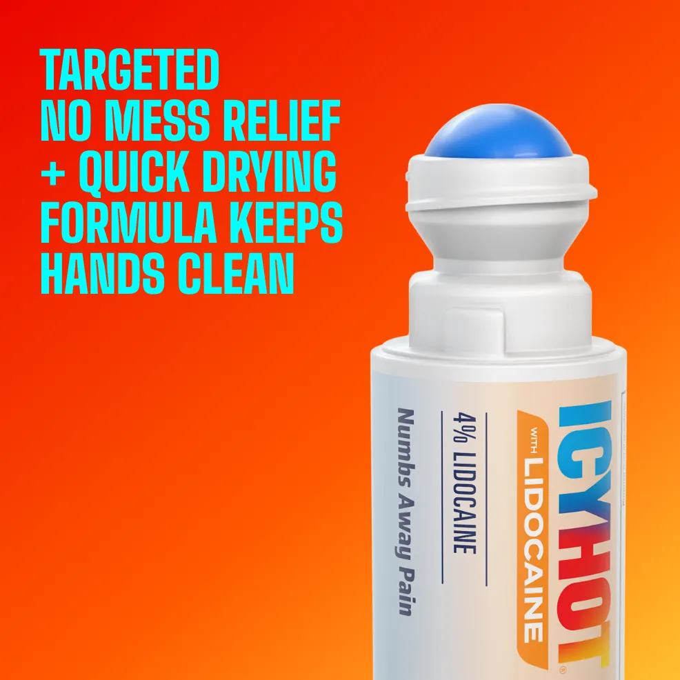 Packaging of Icy Hot® Lidocaine No Mess and product benefit statements.