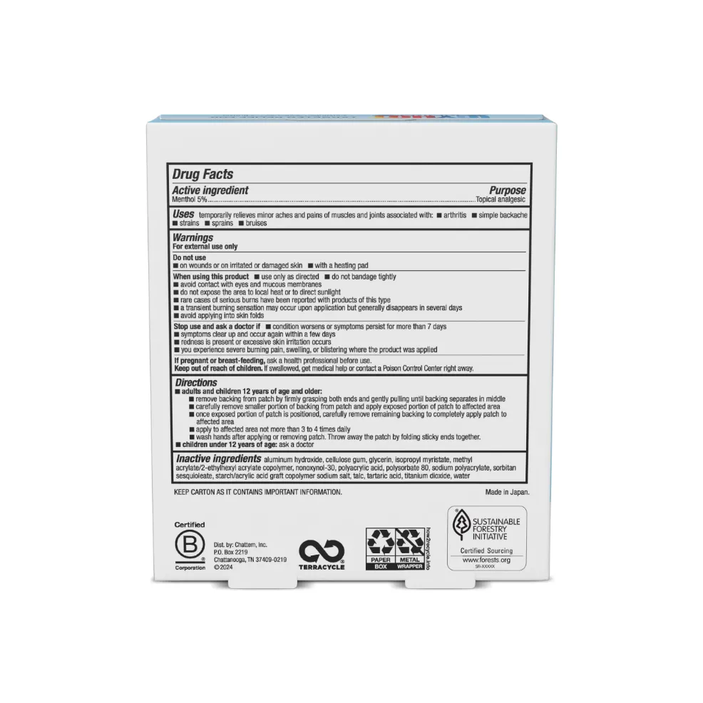 Packaging of Icy Hot® Original Back Patch and product benefit statements.