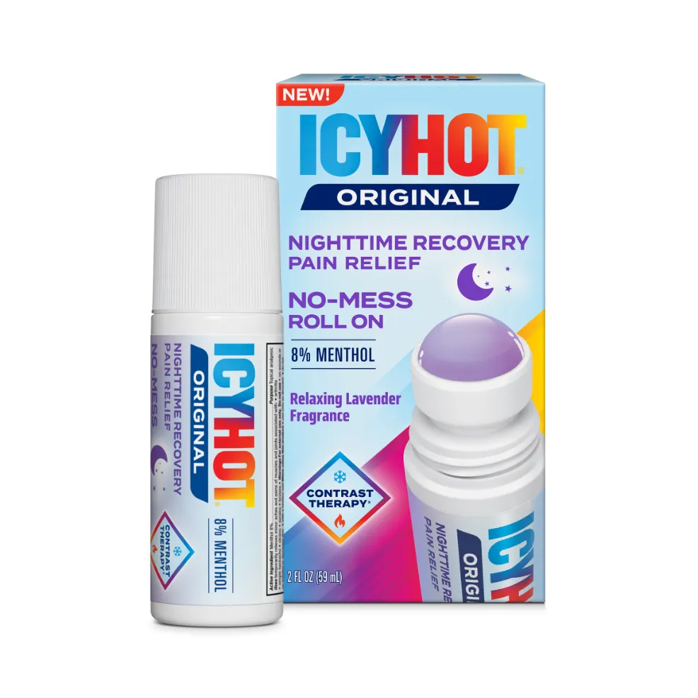 Packaging of Icy Hot® Nighttime Recovery No-Mess Roll-On and product benefit statements.