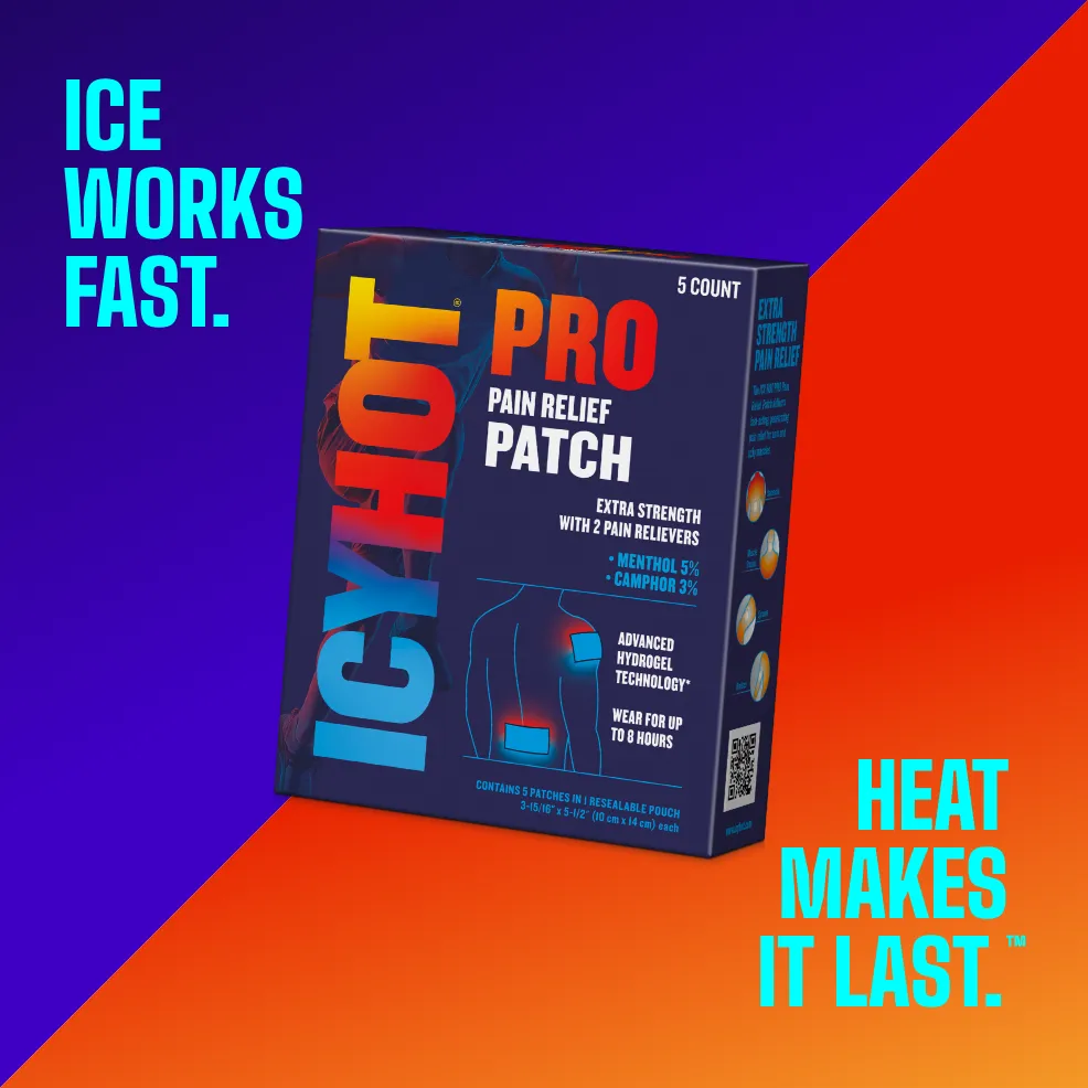 Packaging of Icy Hot® PRO Patch and product benefit statements.