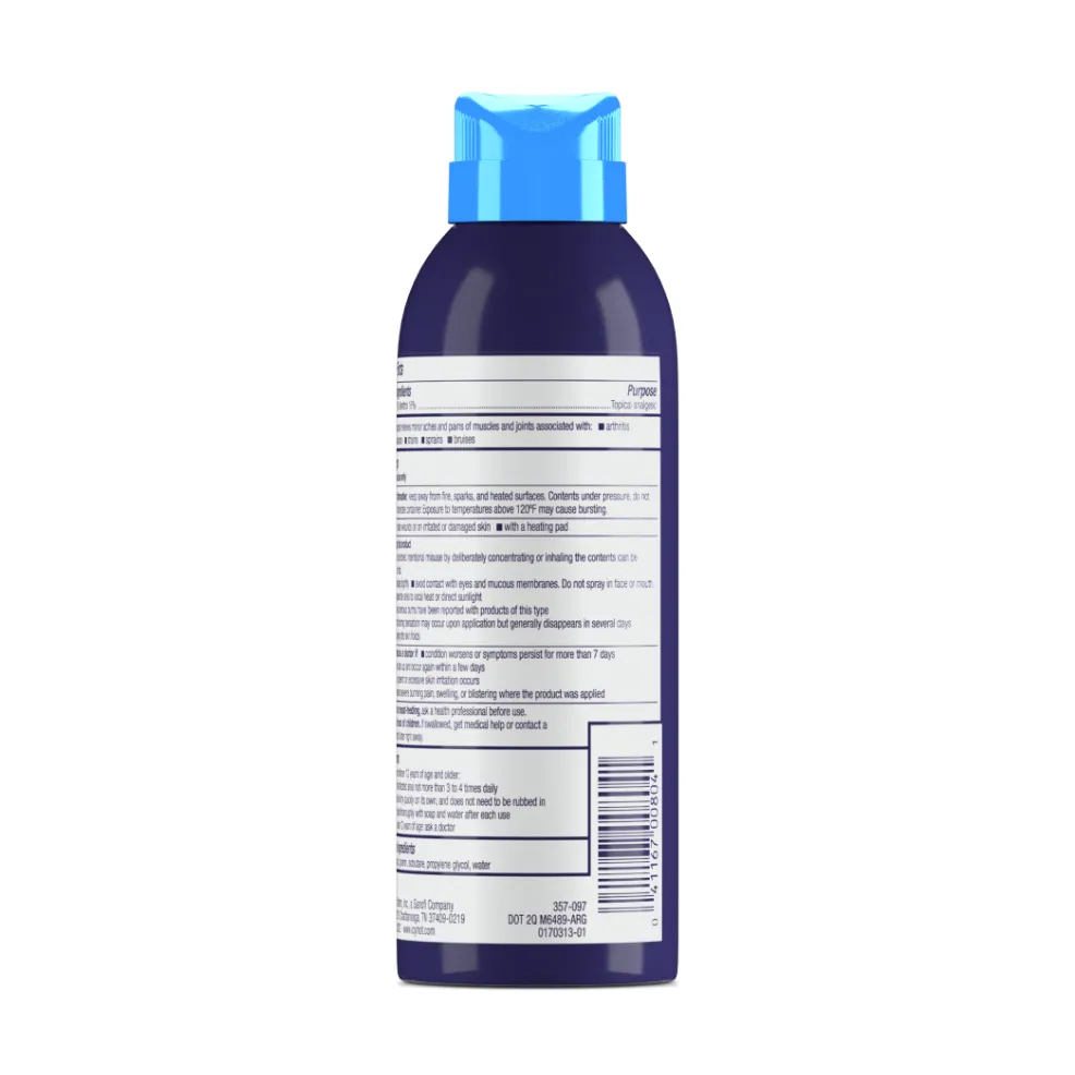 Packaging of Icy Hot® PRO Dry Spray and product benefit statements.