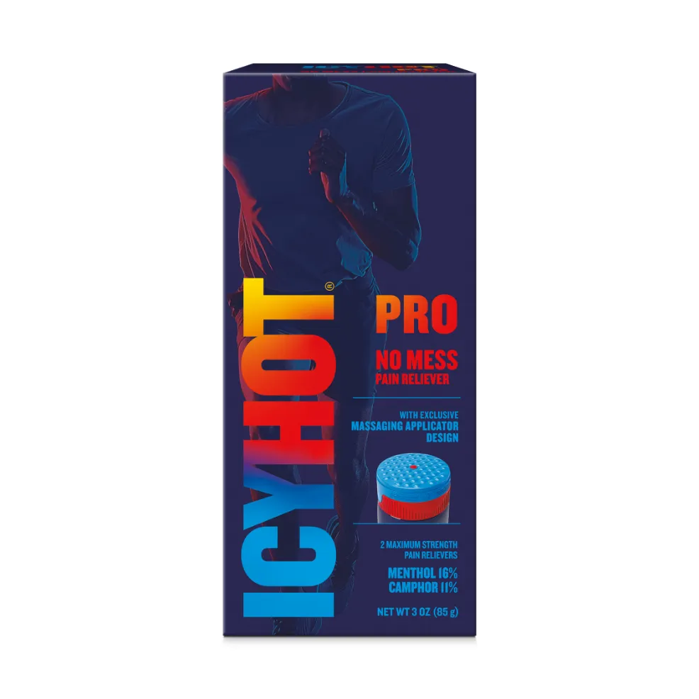 Packaging of Icy Hot® PRO No Mess and product benefit statements.
