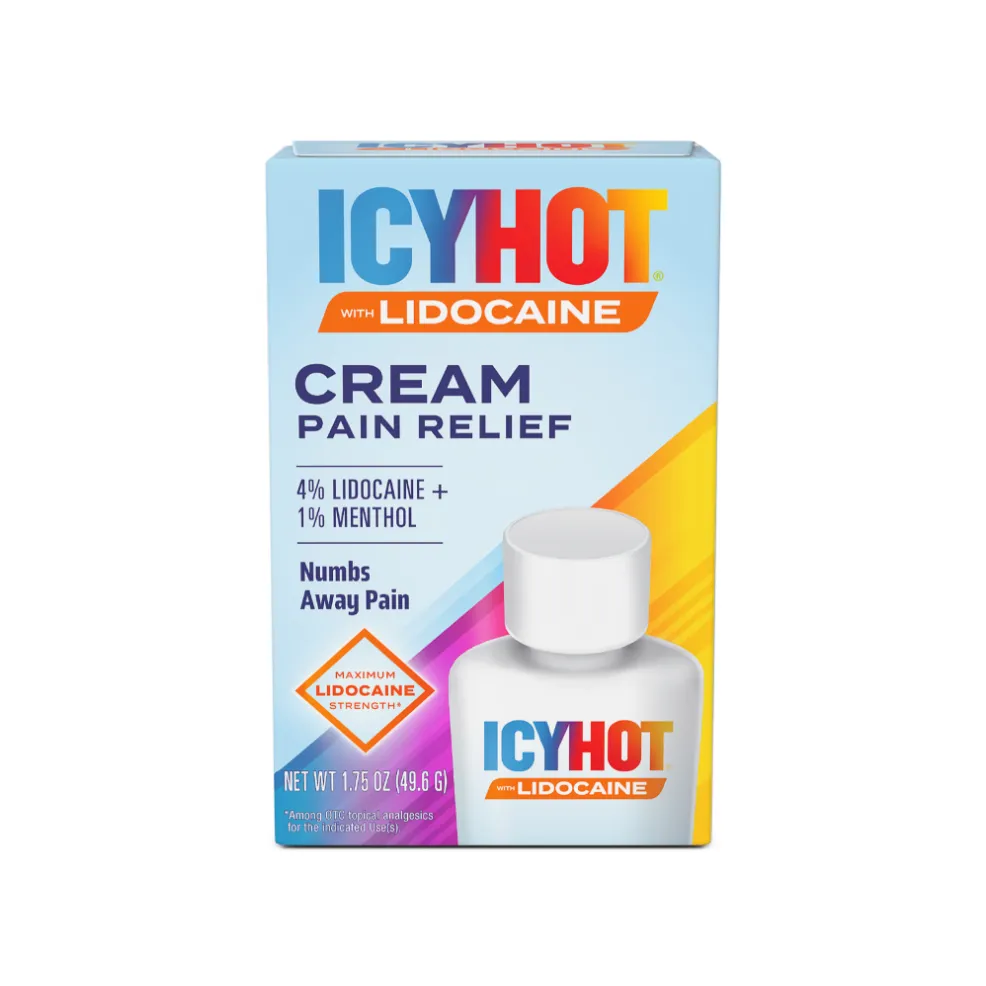 Packaging of Icy Hot® Lidocaine Cream and product benefit statements.