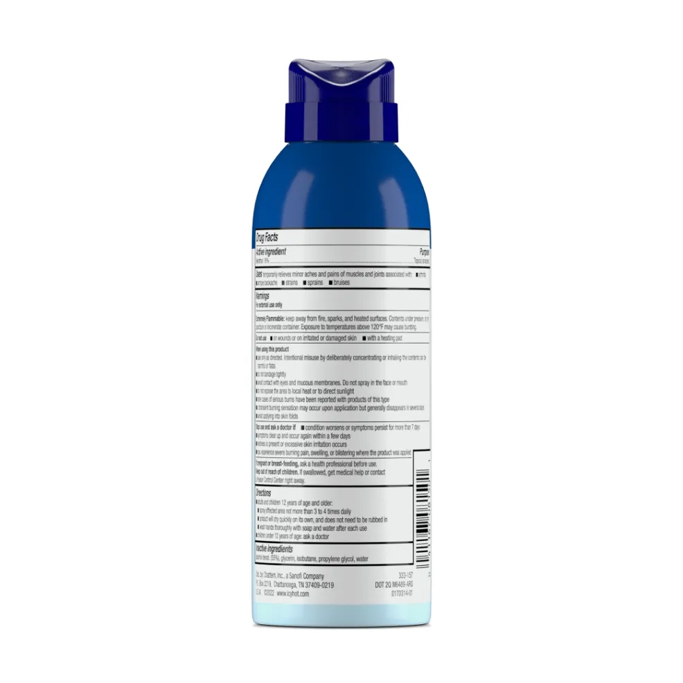 Packaging of Icy Hot® Original Dry Spray and product benefit statements.