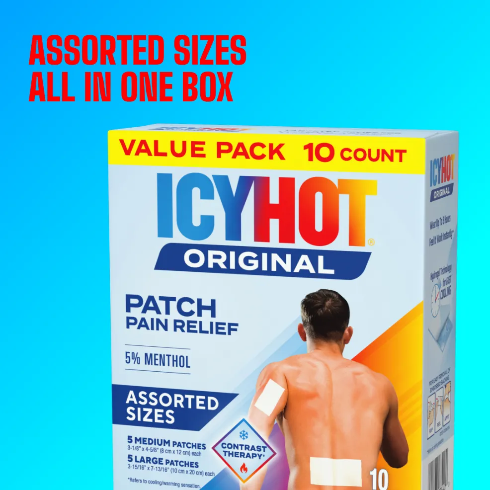 Packaging of Icy Hot® Original Patch Variety Pack and product benefit statements.