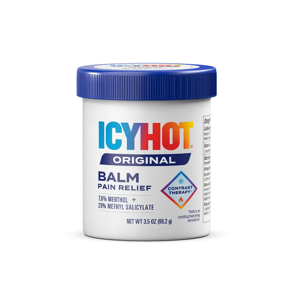Packaging of Icy Hot® Original Balm and product benefit statements.
