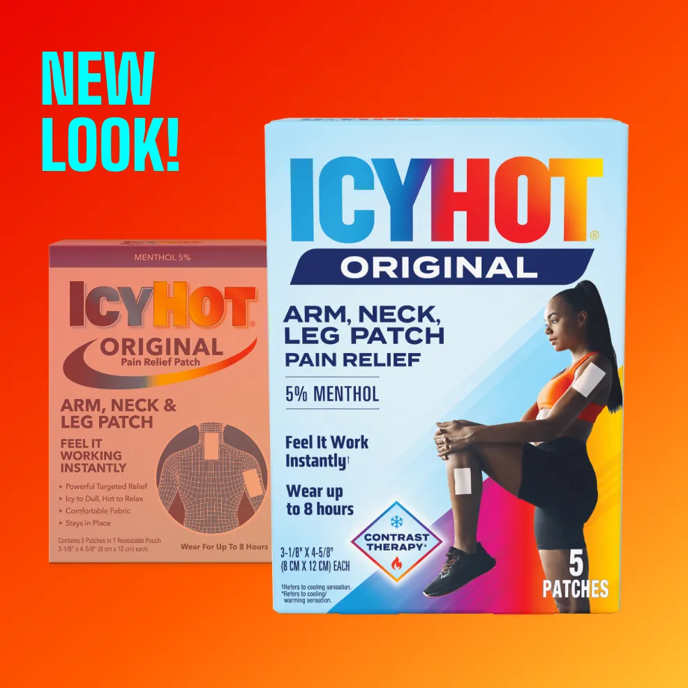 Packaging of Icy Hot® Arm, Neck and Leg Patch and product benefit statements.