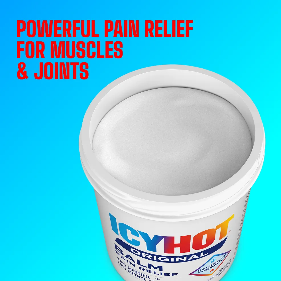 Packaging of Icy Hot® Original Balm and product benefit statements.