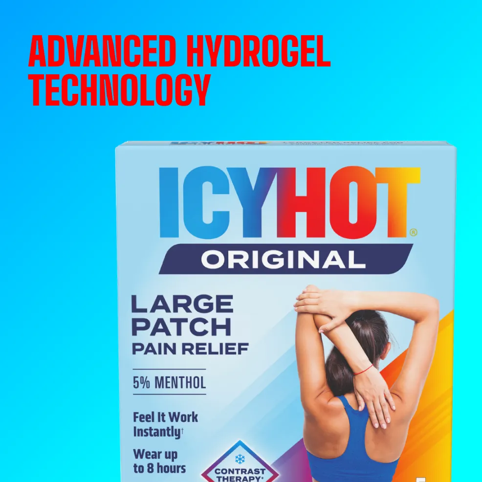 Packaging of Icy Hot® Original Back Patch and product benefit statements.