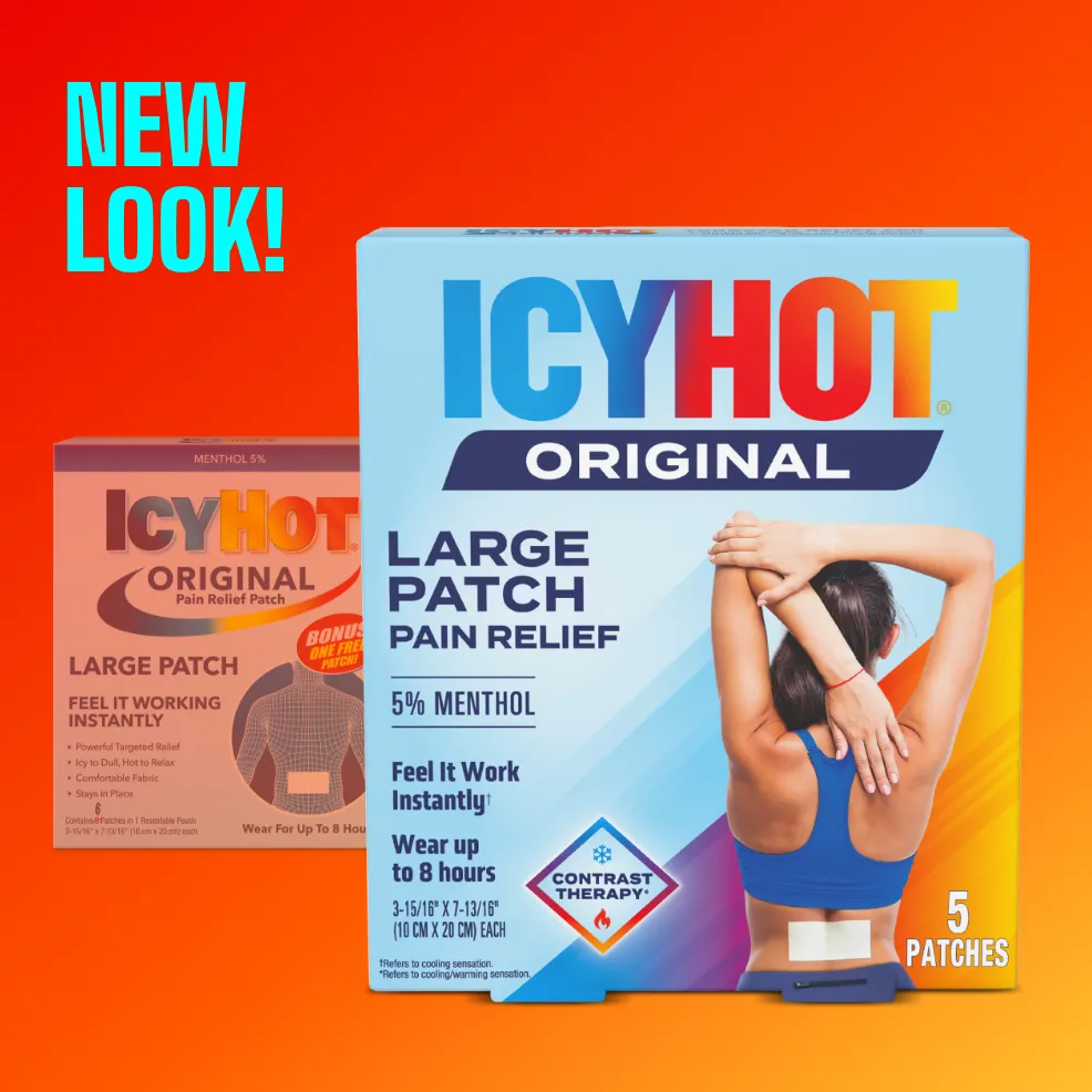 Packaging of Icy Hot® Original Back Patch and product benefit statements.