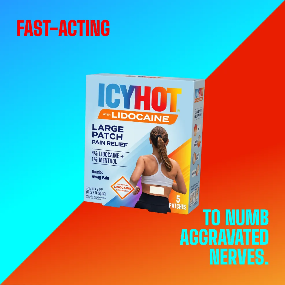 Packaging of Icy Hot® Lidocaine Patch and product benefit statements.