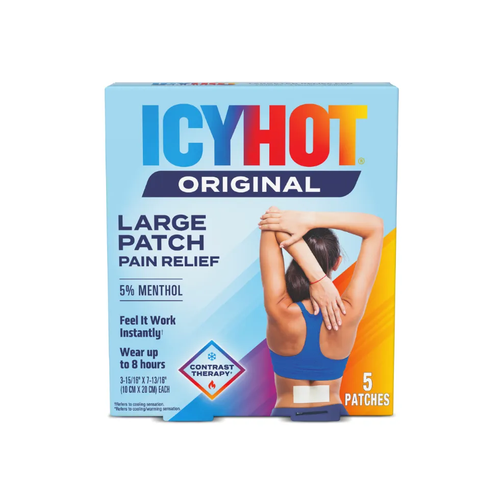Packaging of Icy Hot® Original Back Patch and product benefit statements.
