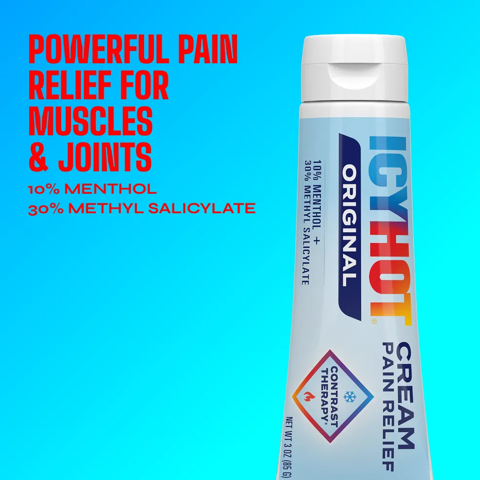 Packaging of Icy Hot® Original Cream and product benefit statements.