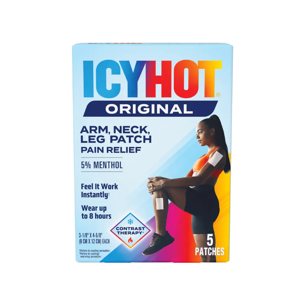 Packaging of Icy Hot® Arm, Neck and Leg Patch and product benefit statements.