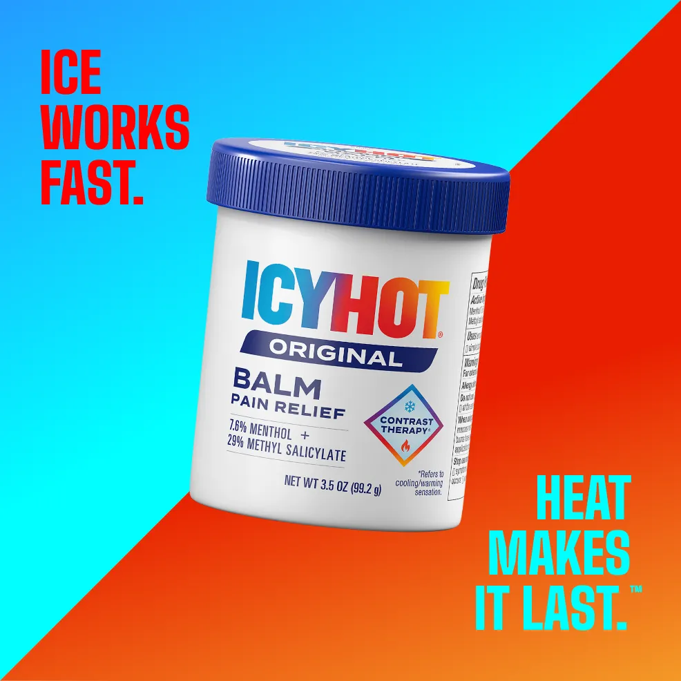Packaging of Icy Hot® Original Balm and product benefit statements.