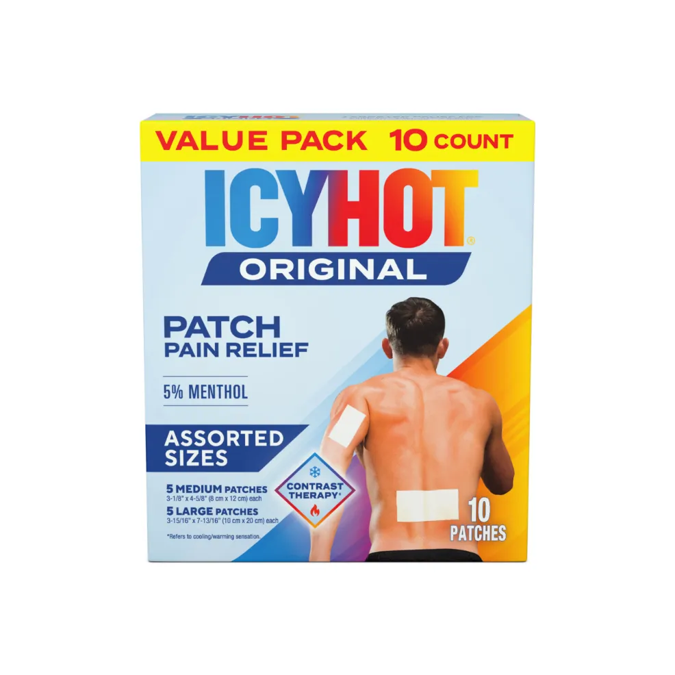 Packaging of Icy Hot® Original Patch Variety Pack and product benefit statements.