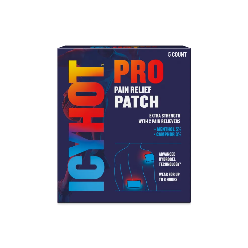 Packaging of Icy Hot® PRO Patch and product benefit statements.