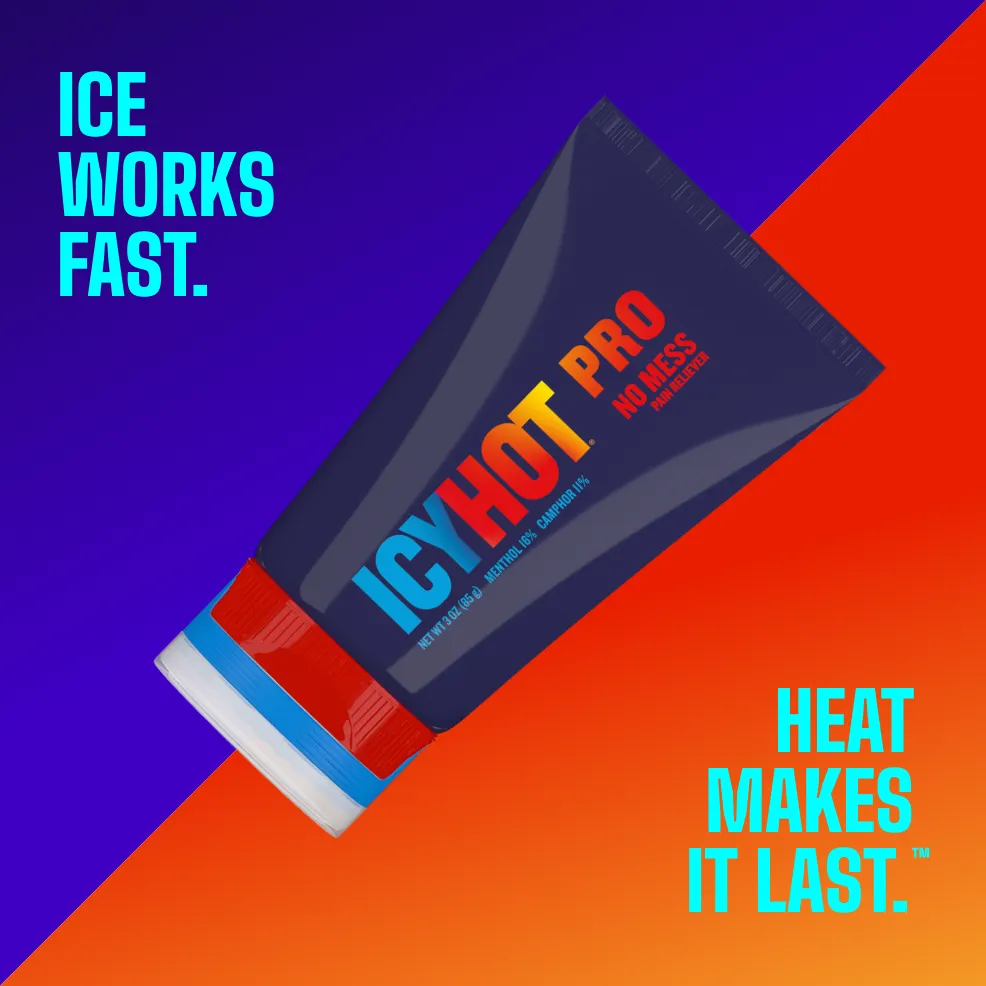Packaging of Icy Hot® PRO No Mess and product benefit statements.