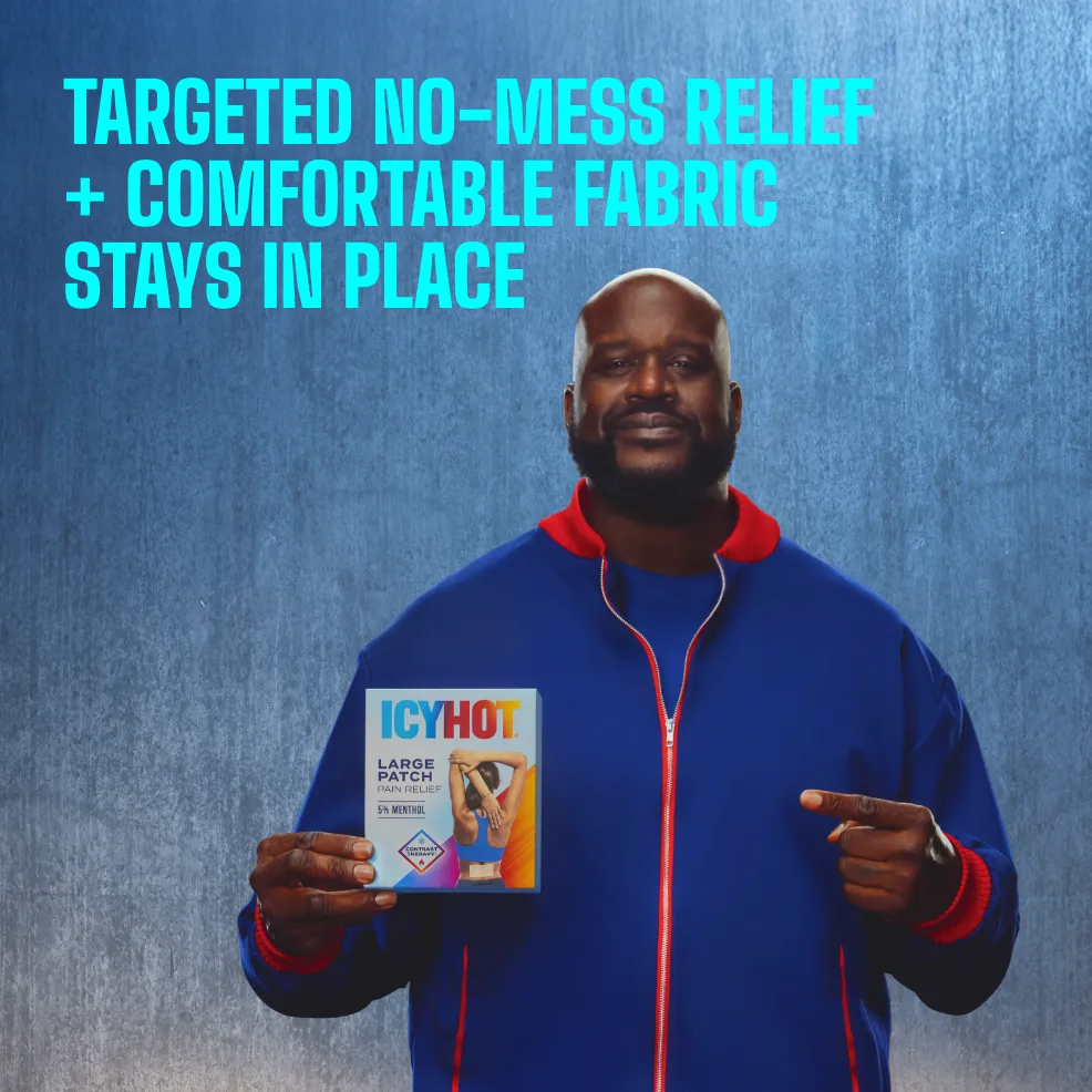 Packaging of Icy Hot® Original Back Patch and product benefit statements.