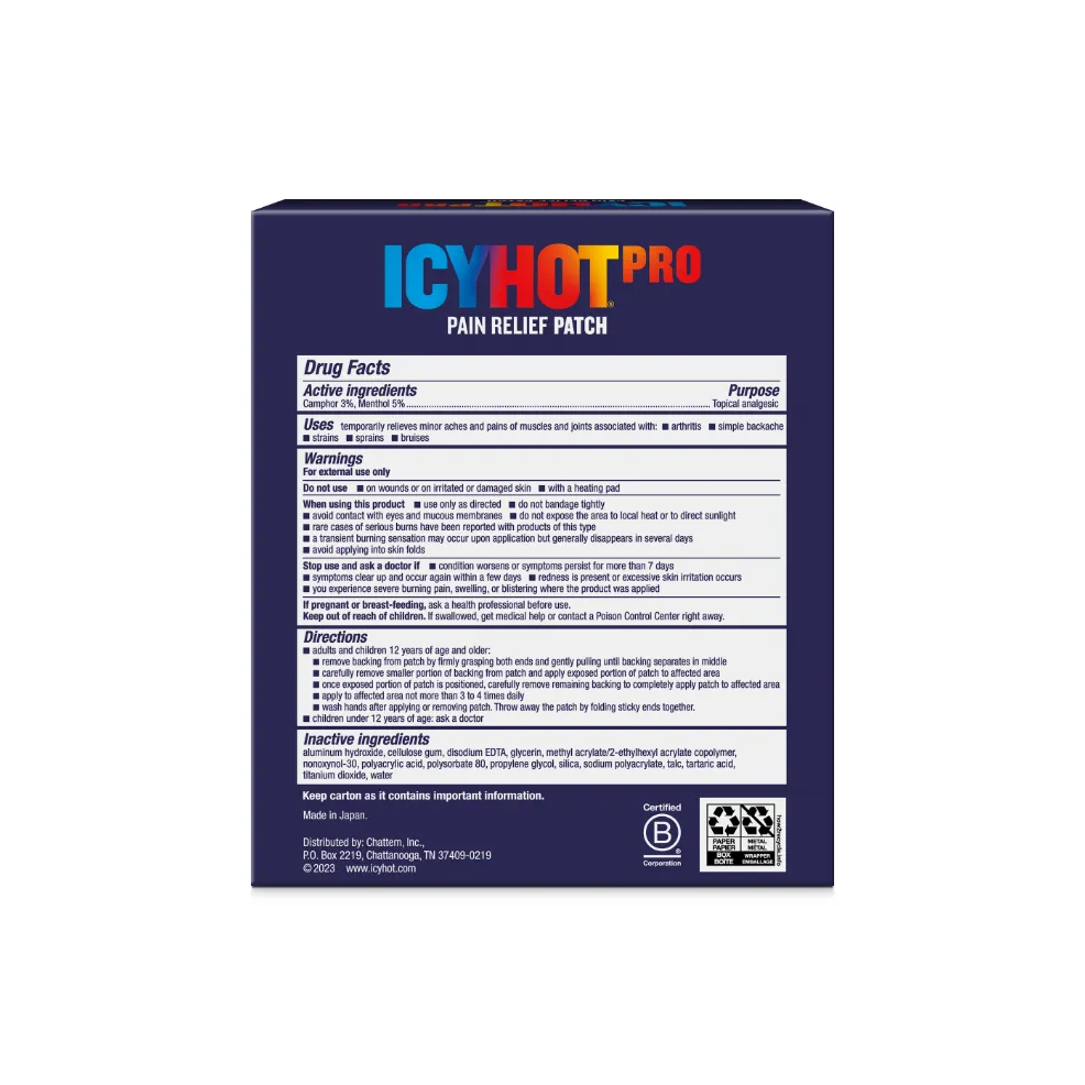 Packaging of Icy Hot® PRO Patch and product benefit statements.