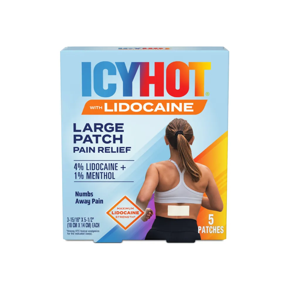 Packaging of Icy Hot® Lidocaine Patch and product benefit statements.