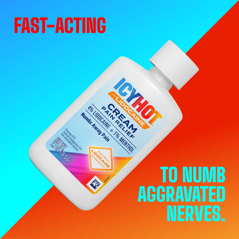 Packaging of Icy Hot® Lidocaine Cream and product benefit statements.