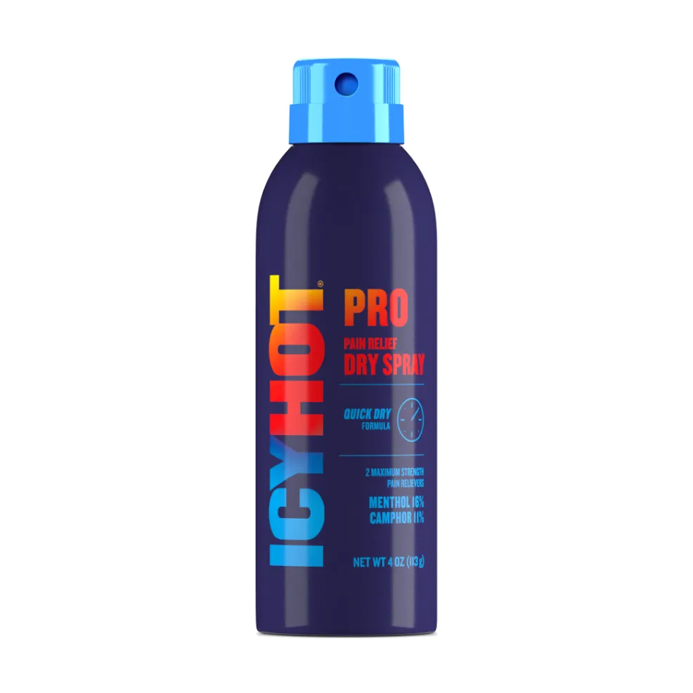 Packaging of Icy Hot® PRO Dry Spray and product benefit statements.